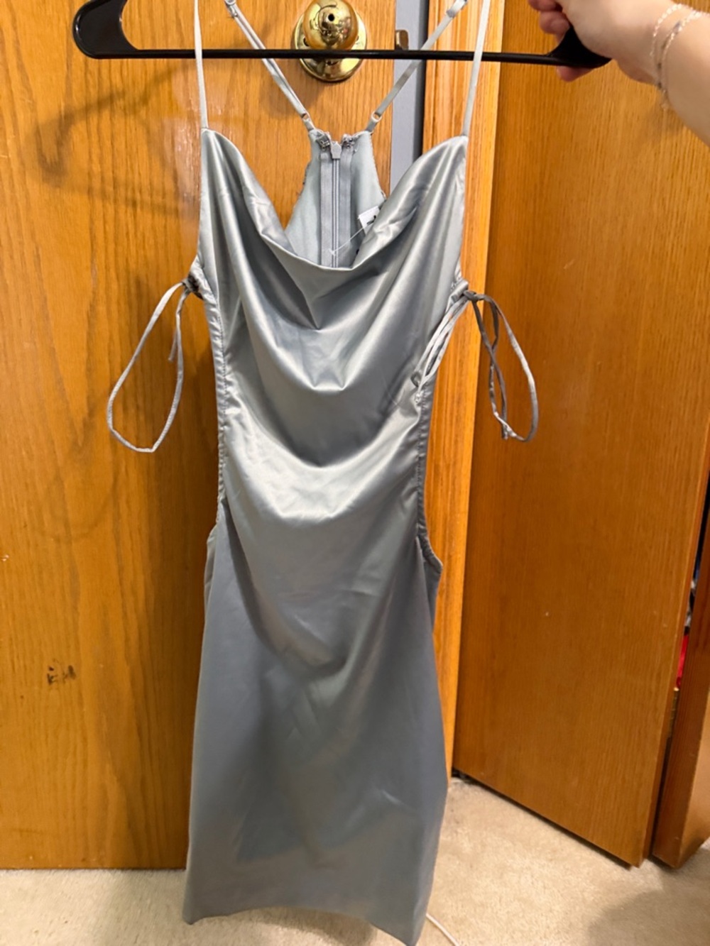 Satin Cowl Neck Mini Dress in Blueish Silver